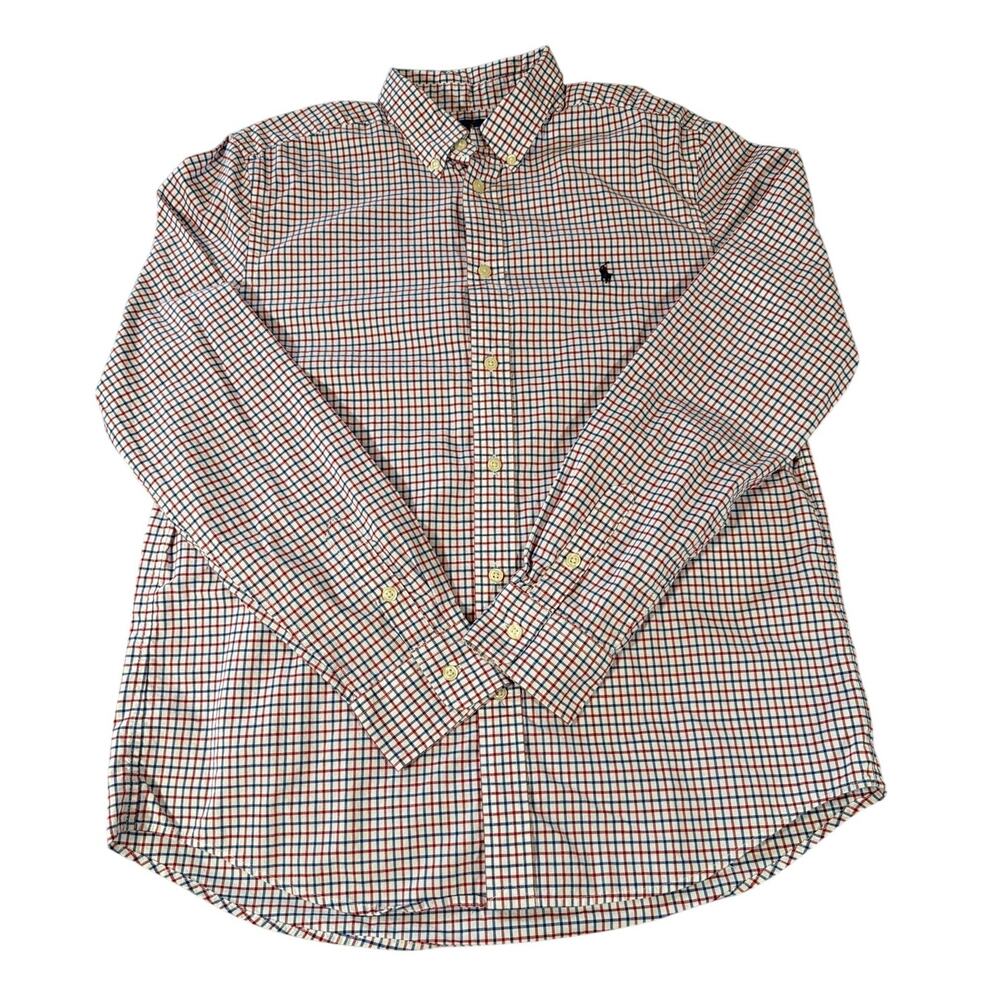 Polo Ralph Lauren Natural Stretch Button Down Shirt Boys XL Red Blue Plaid Cott